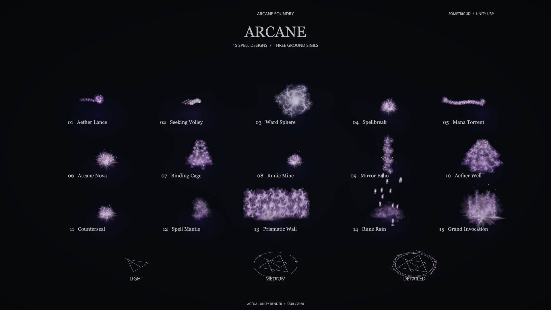 Arcane: fifteen named spells and light, medium and detailed ground sigils rendered in Unity.