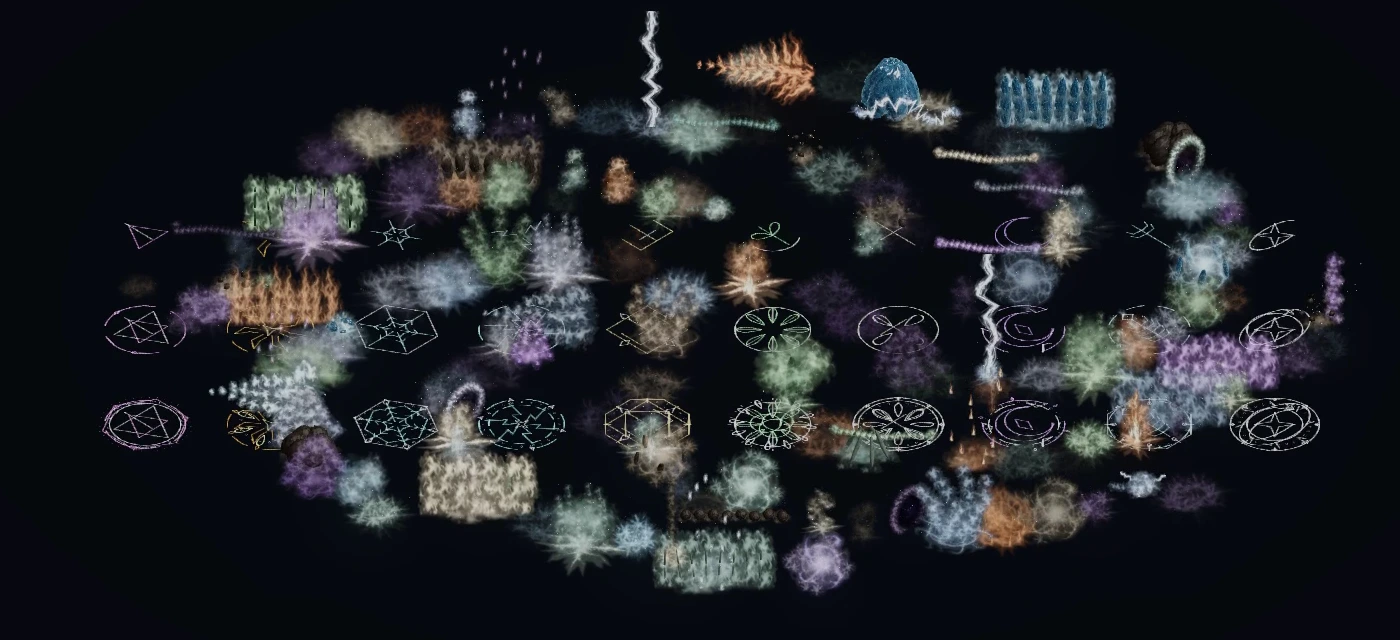 Fire, ice, lightning, wards and portals from Arcane Foundry, rendered together in Unity on a dark isometric stage.